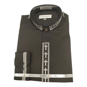 MEN'S DANIEL ELLISSA BLK W/WHITE EMBROIDERY BANDED COLLAR DRESS SHIRT. DS2005C.